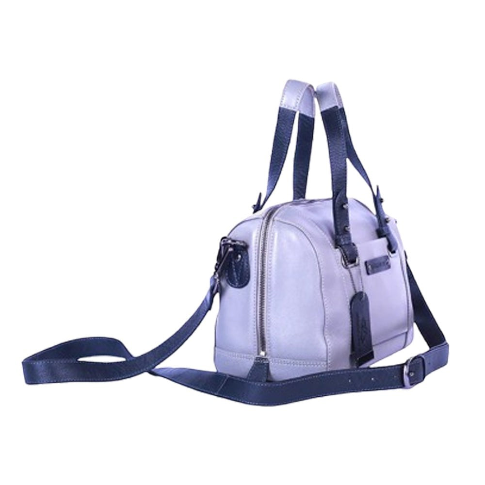 Chris Louis grey and black leather satchel bag with top handles and detachable shoulder strap.