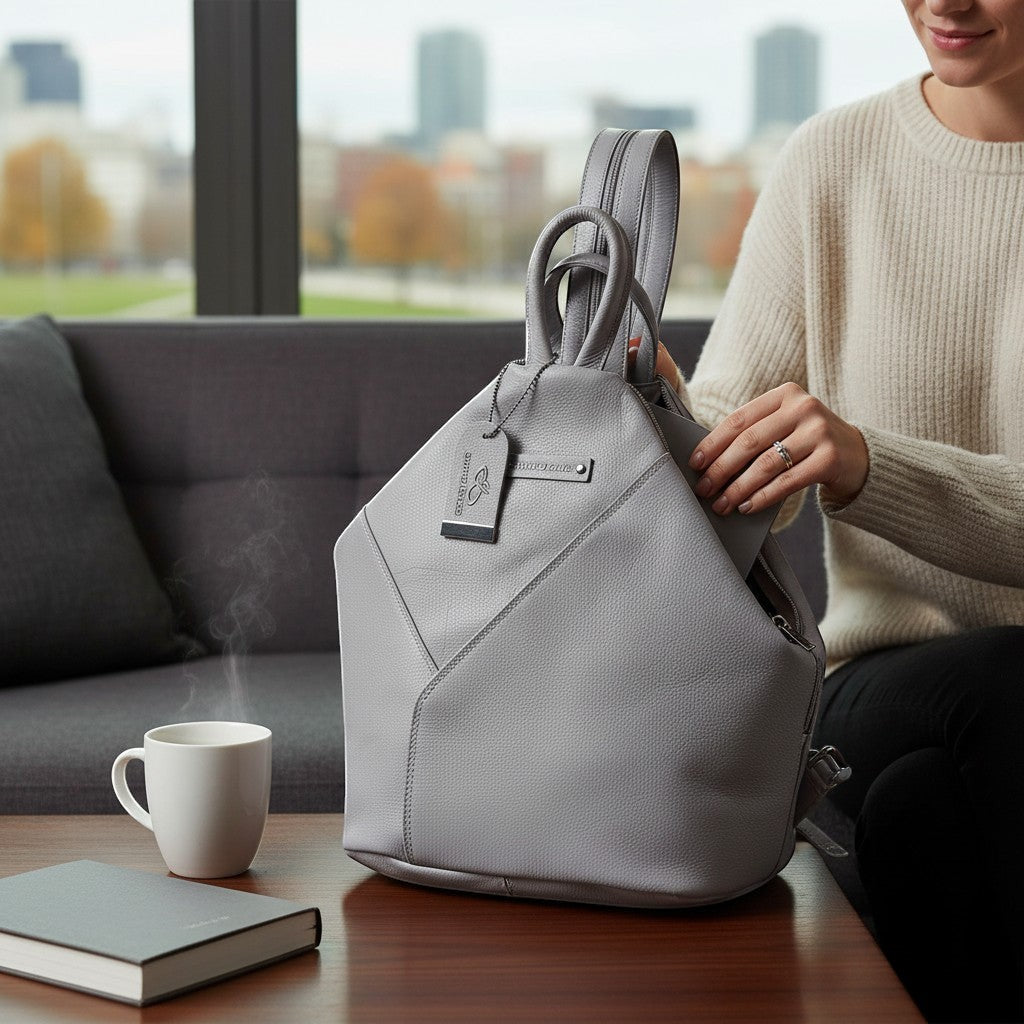 Chris Louis grey genuine leather hexagon backpack with adjustable straps and front zipper pocket.