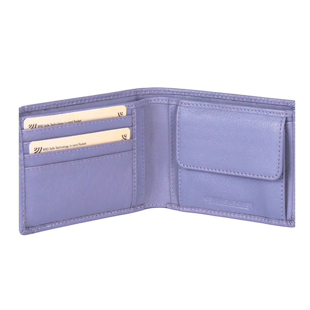 Chris Louis grey bi-fold leather wallet with removable card holder, coin pocket, and RFID protection.
