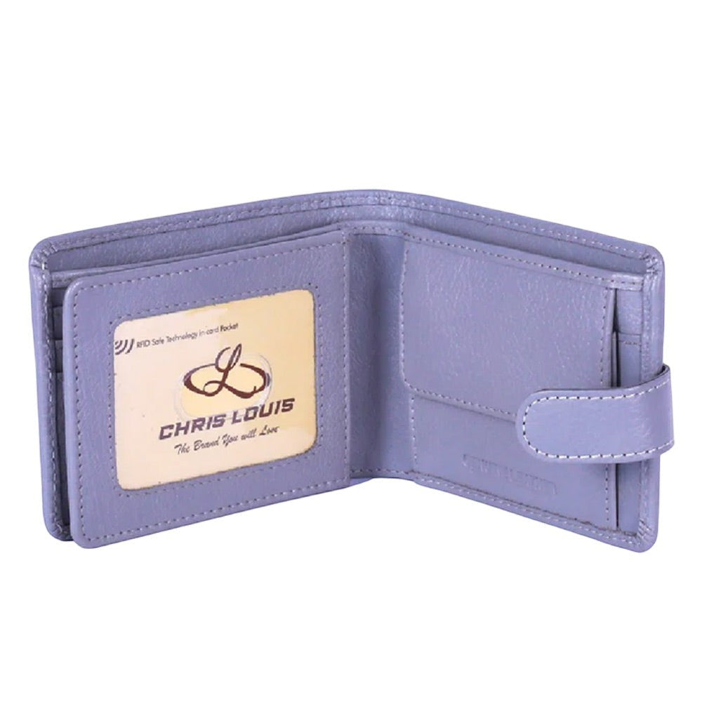 Chris Louis grey bi-fold genuine leather wallet with RFID protection, 6 card slots, ID window, coin pocket, and note compartments.