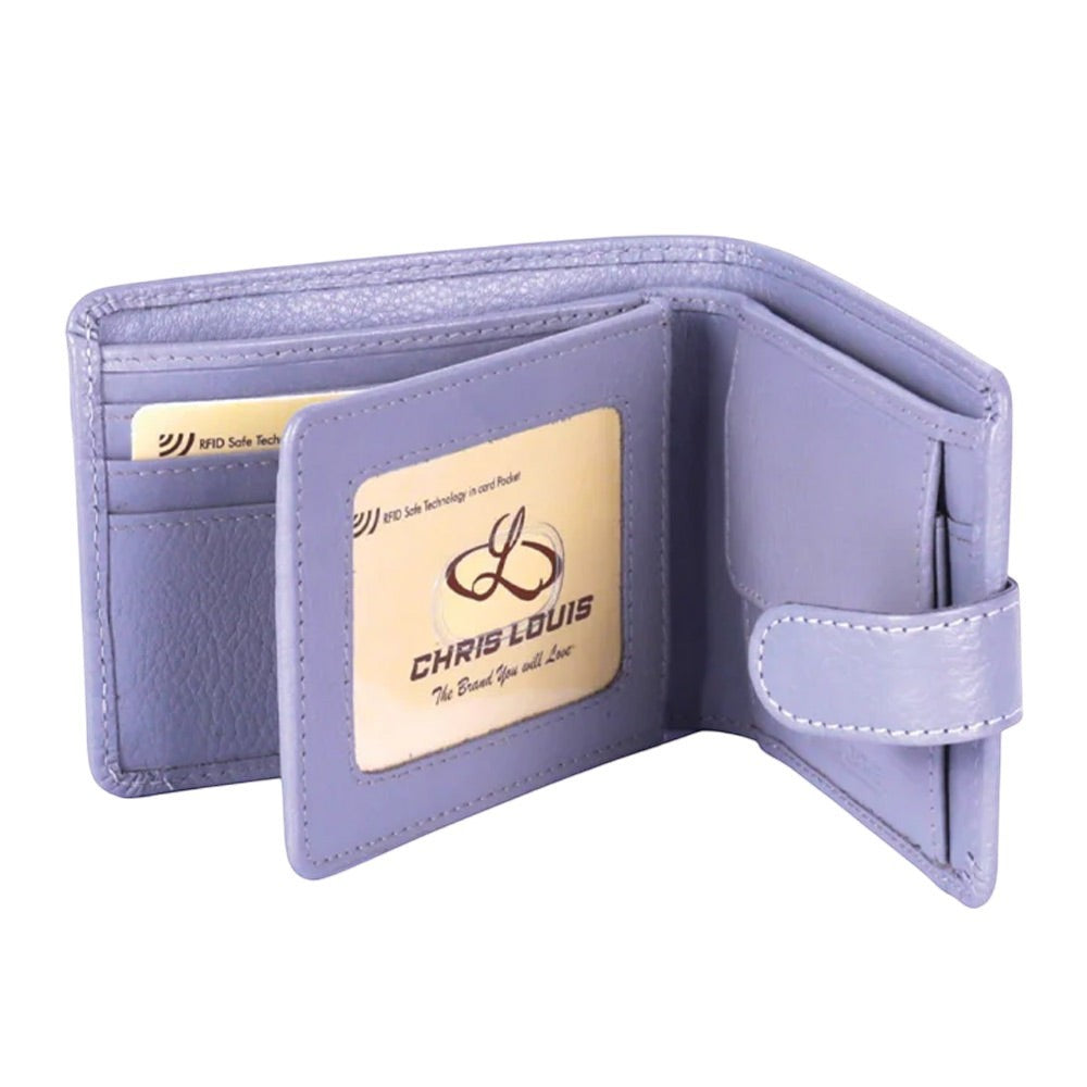 Chris Louis grey bi-fold genuine leather wallet with RFID protection, 6 card slots, ID window, coin pouch, and snap closure.