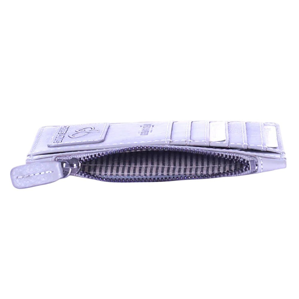 Chris Louis grey genuine leather card case with 6 card slots, ID window, slip pocket, and zipper coin compartment.
