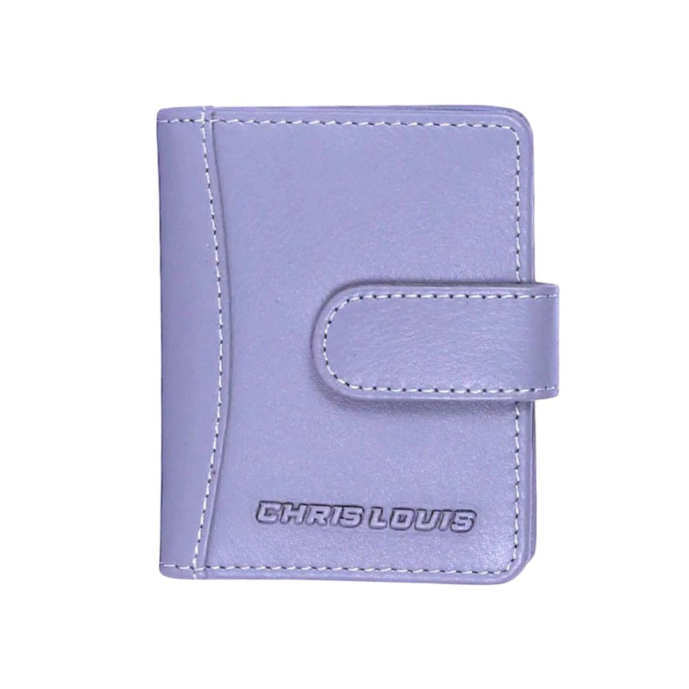 Chris Louis grey genuine leather card case with loop closure and white stitching. RFID protected.