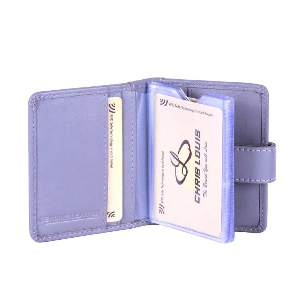 Chris Louis grey genuine leather RFID protected card case with 6 card slots and 20 transparent sleeves. Loop closure.
