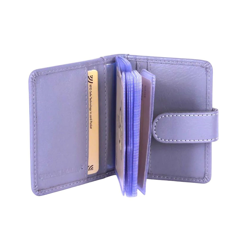 Chris Louis grey genuine leather RFID protected card case with loop closure and 20 transparent card sleeves.