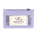 Chris Louis grey genuine leather card case with ID window, zipper coin pocket, and 6 card slots. RFID protected.