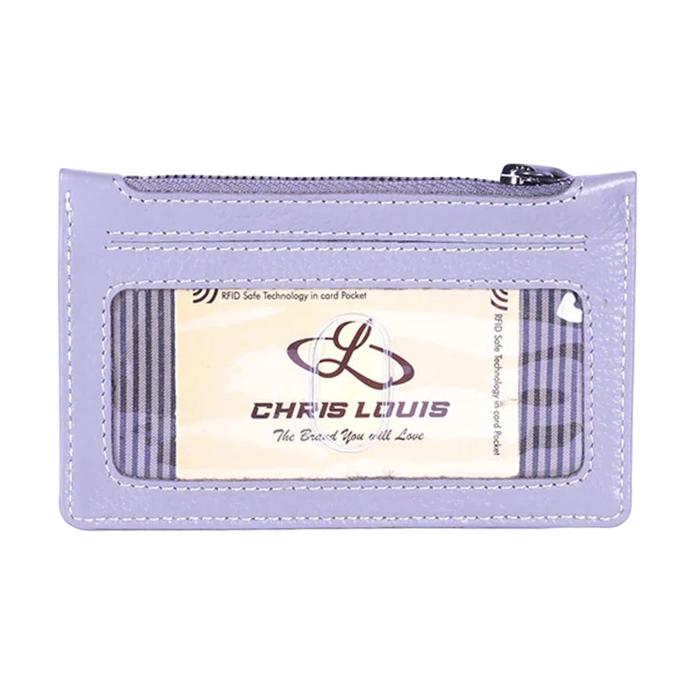 Chris Louis grey genuine leather card case with ID window, zipper coin pocket, and 6 card slots. RFID protected.