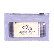 Chris Louis grey genuine leather card case with ID window, zipper coin pocket, and 6 card slots. RFID protected.