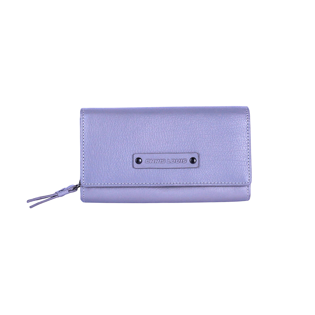 Chris Louis grey genuine leather flap clutch ladies wallet with 22 card slots, 4 ID windows, 6 slip pockets, and 1 zipper compartment.