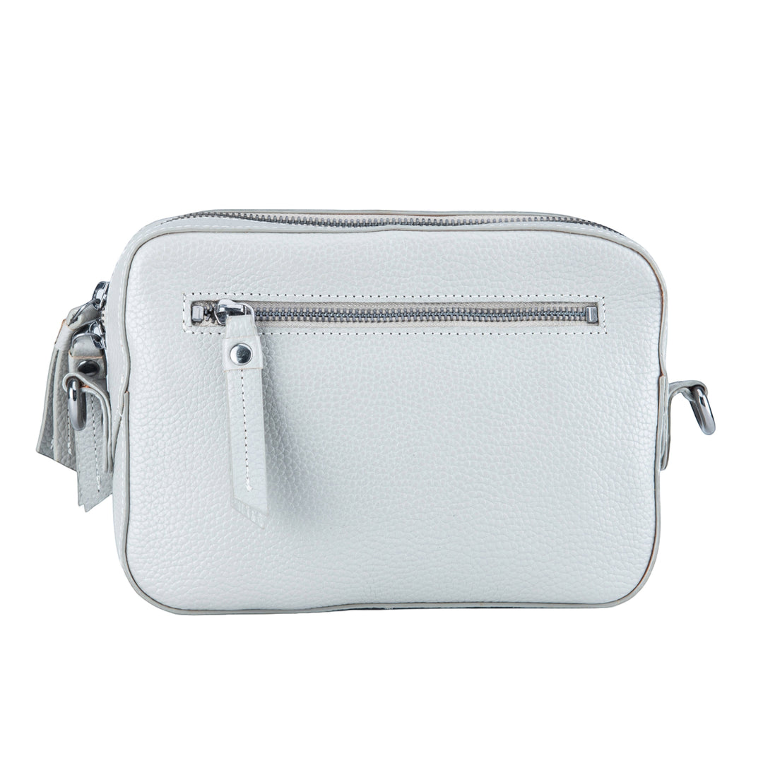 Chris Louis Moolicious grey full grain genuine hide leather sling bag with metal hardware and zipper compartments.