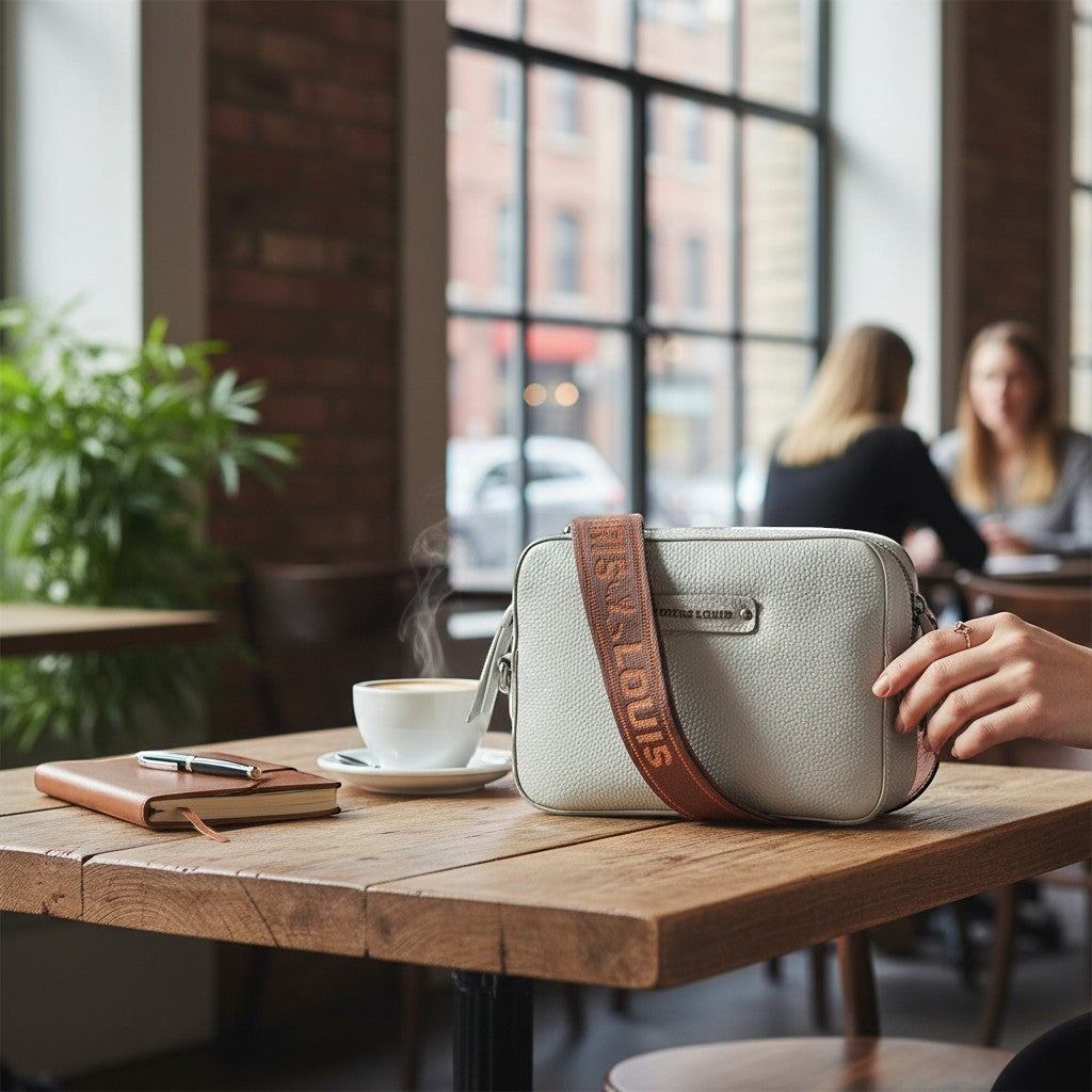 Chris Louis Moolicious grey full grain leather sling bag with signature webbed strap, coffee and notebook on table.