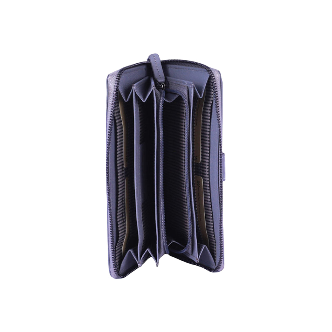 Chris Louis grey genuine leather zip-around clutch wallet with 26 card slots, ID window, and coin zipper.