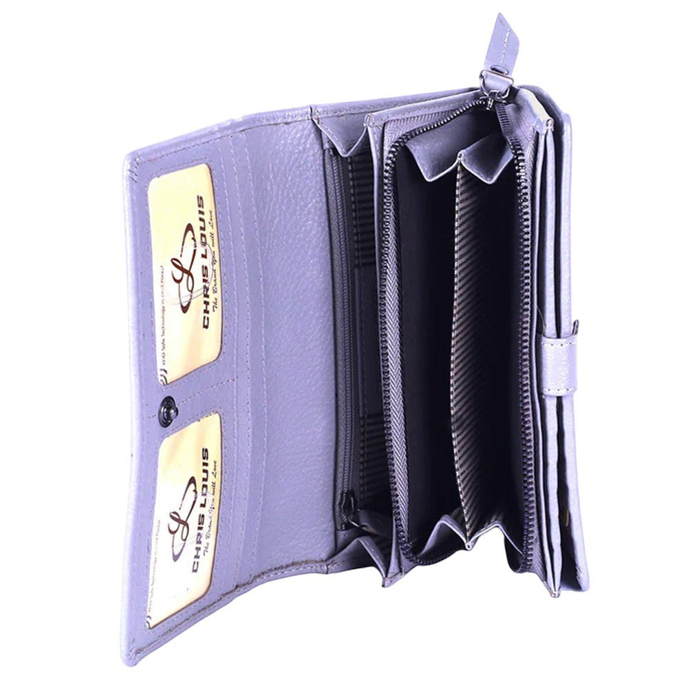 Chris Louis grey genuine leather flap clutch wallet with 18 card slots, ID window, coin pocket, and zipper compartments.