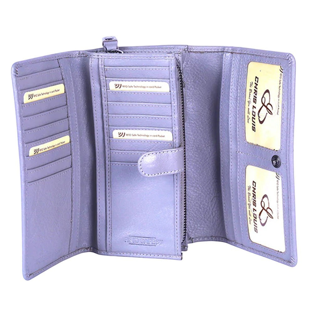 Chris Louis grey leather flap clutch wallet with 18 card slots, 2 ID windows, 7 slip pockets, and multiple zippered compartments.