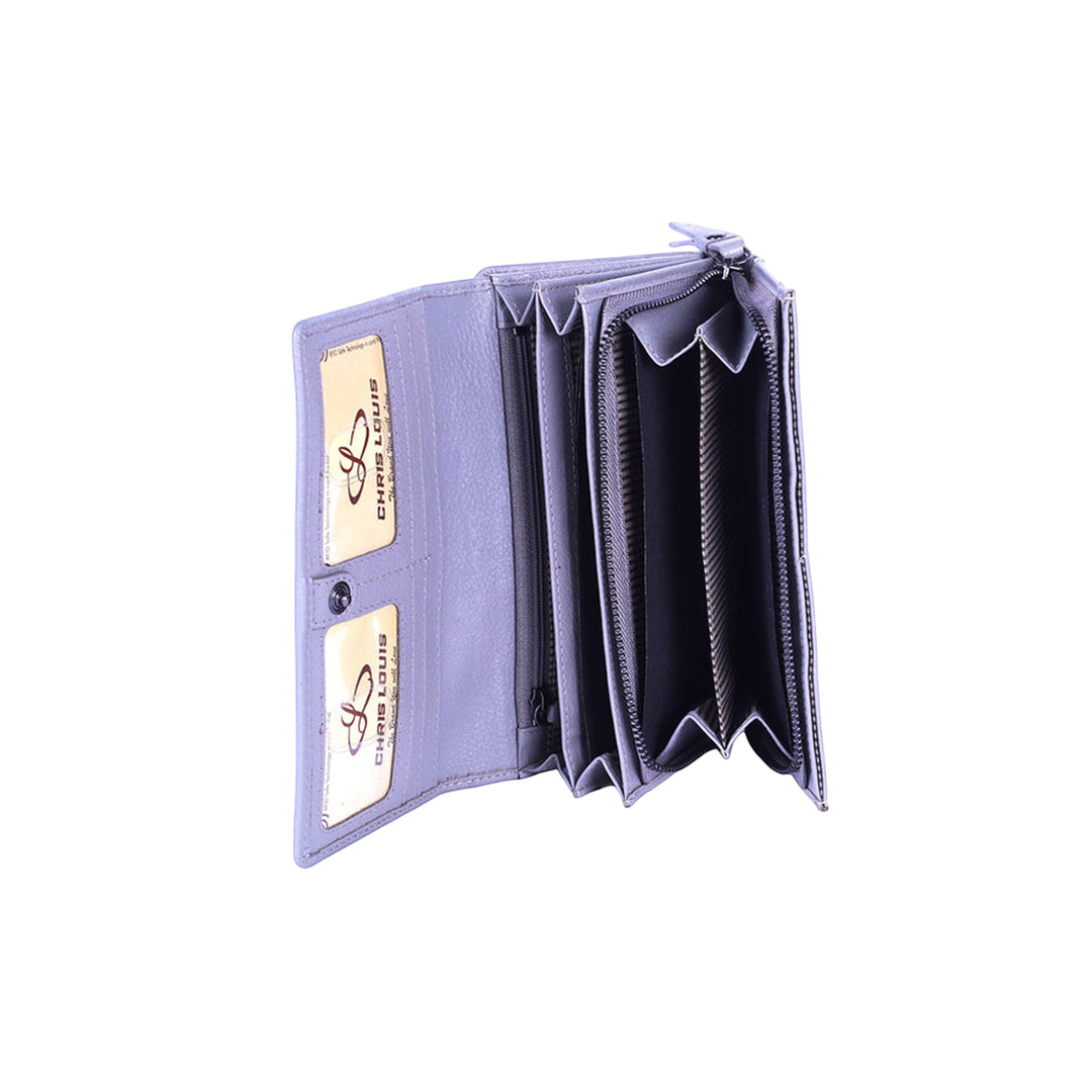 Chris Louis grey genuine leather flap clutch ladies wallet with 22 card slots, 4 ID windows, 6 slip pockets, and 2 compartments.