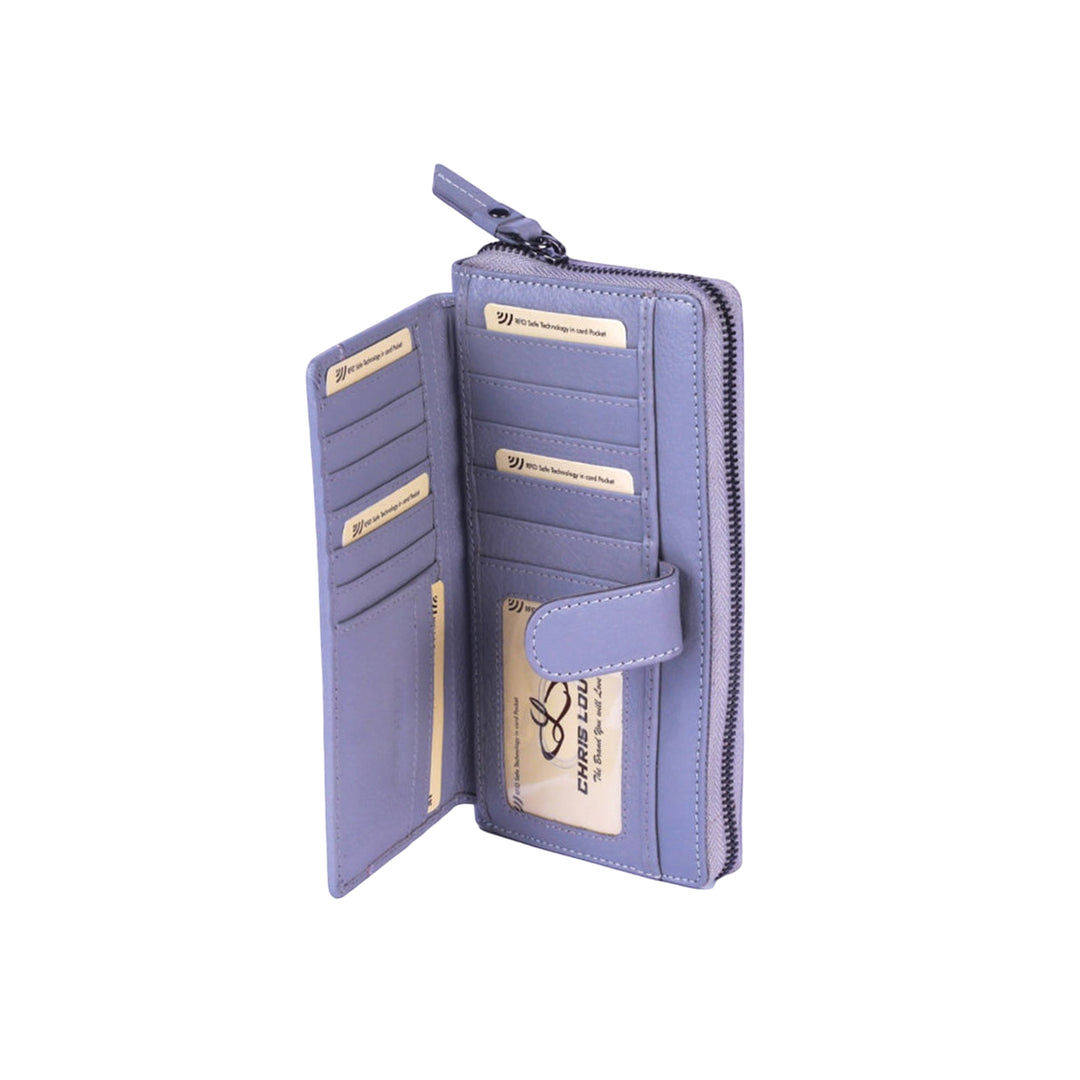 Chris Louis grey genuine leather zip-around clutch wallet with 26 card slots, ID window, and coin zipper.