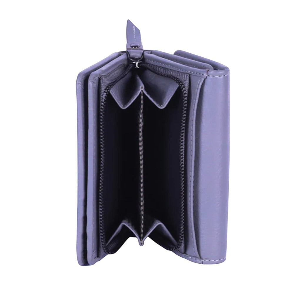 Chris Louis Gilgie ladies tri-fold wallet in grey genuine leather with zip coin pocket and snap closure.