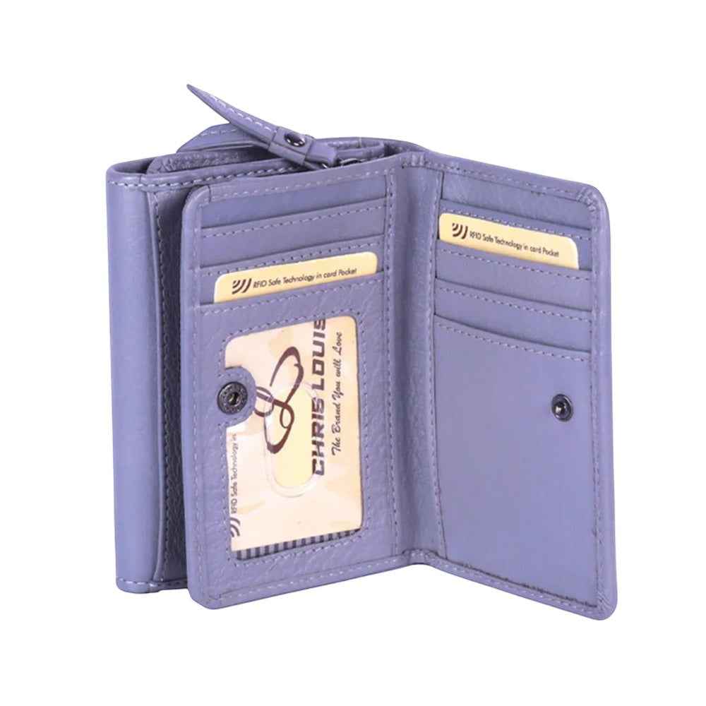 Chris Louis grey tri-fold leather wallet with snap closure, 16 card slots, ID window, zip coin pocket, and note compartment.
