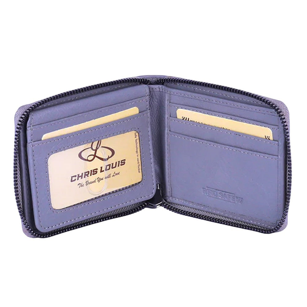 Chris Louis grey genuine leather RFID protected zip-around wallet with 10 card slots and ID window.
