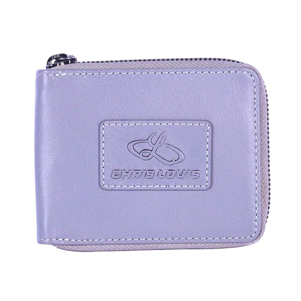 Chris Louis grey genuine leather RFID protected zip-around wallet with 10 card slots and ID window.