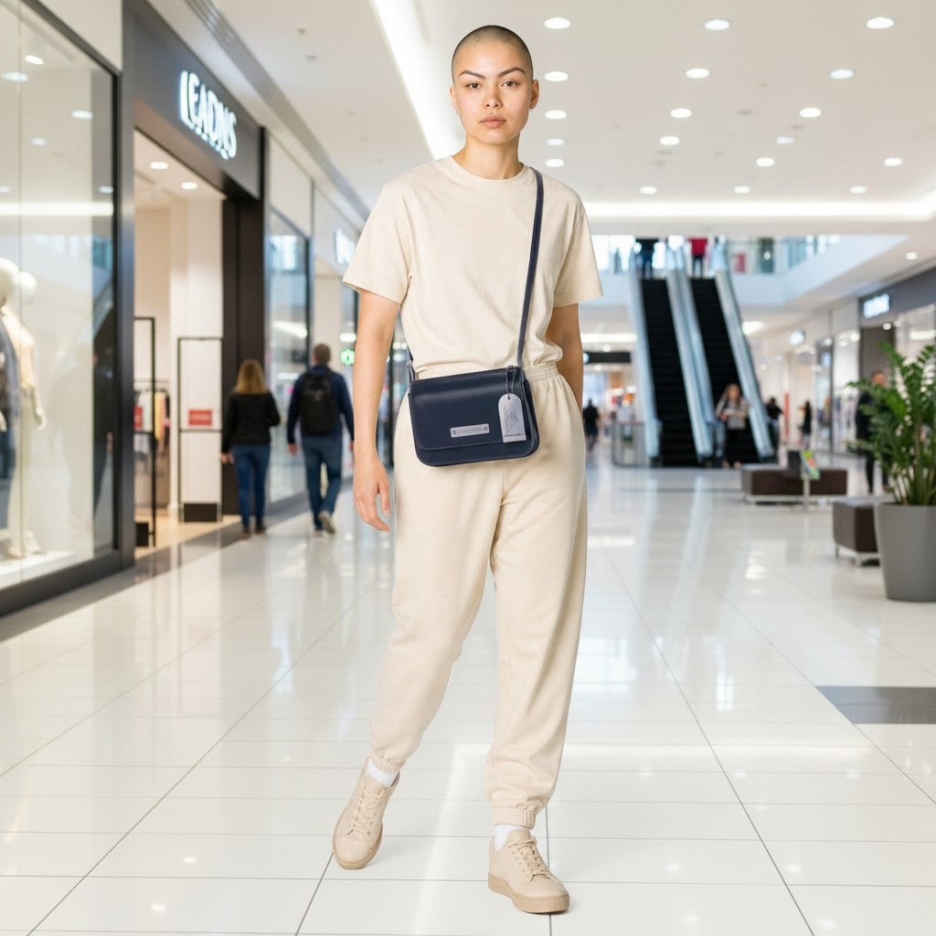 Chris Louis Isfahan crossbody bag in deep navy leather with light grey stitching and strap details, featuring a flap closure and metal logo plate.