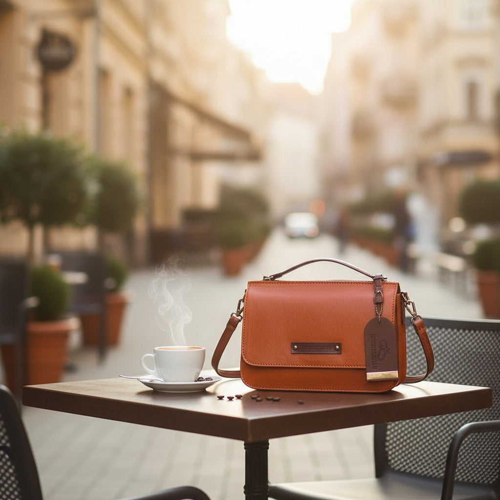 Chris Louis Isfahan crossbody bag in rich orange genuine leather with adjustable strap and embossed branding tag.