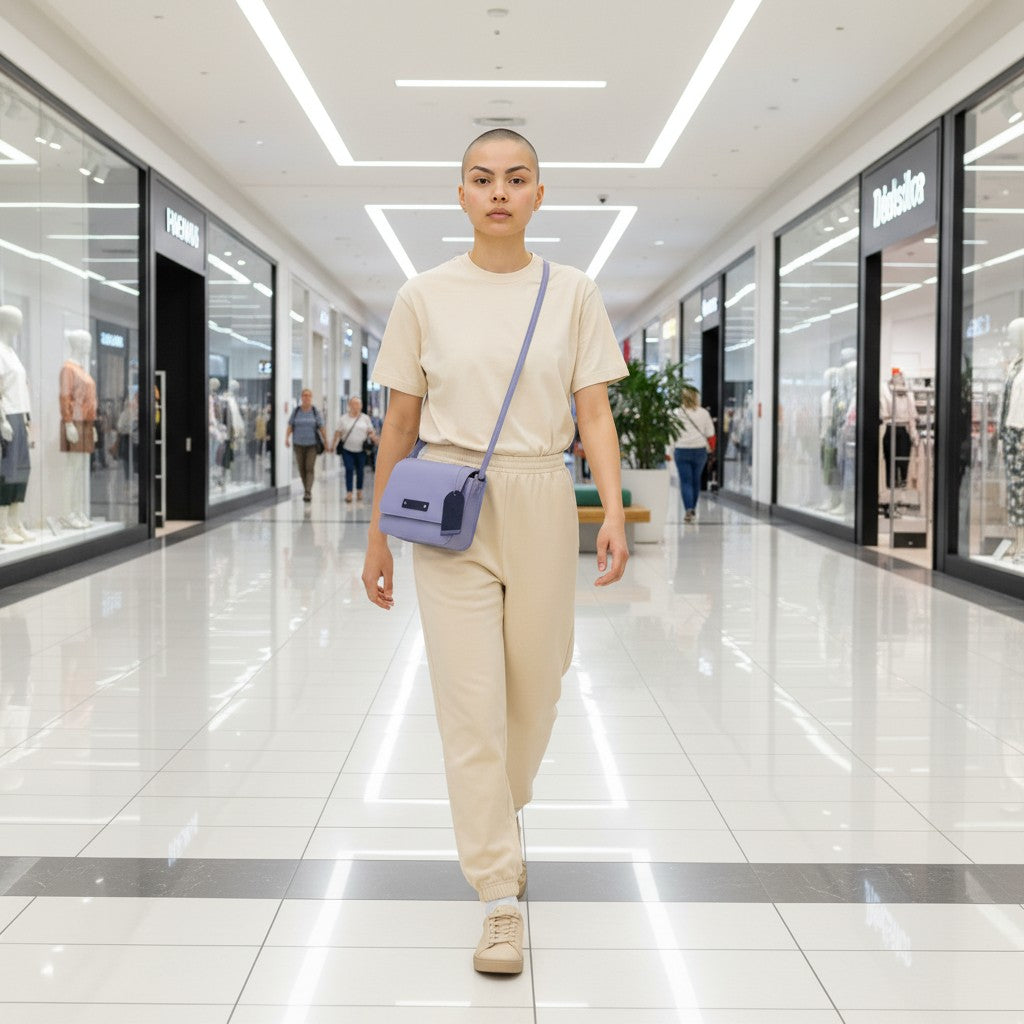 Chris Louis Isfahan crossbody sling bag in light purple with navy blue accents, worn by a model.