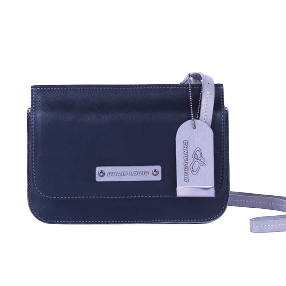 Chris Louis Isfahan black and grey genuine leather sling bag with adjustable strap and metal hardware.