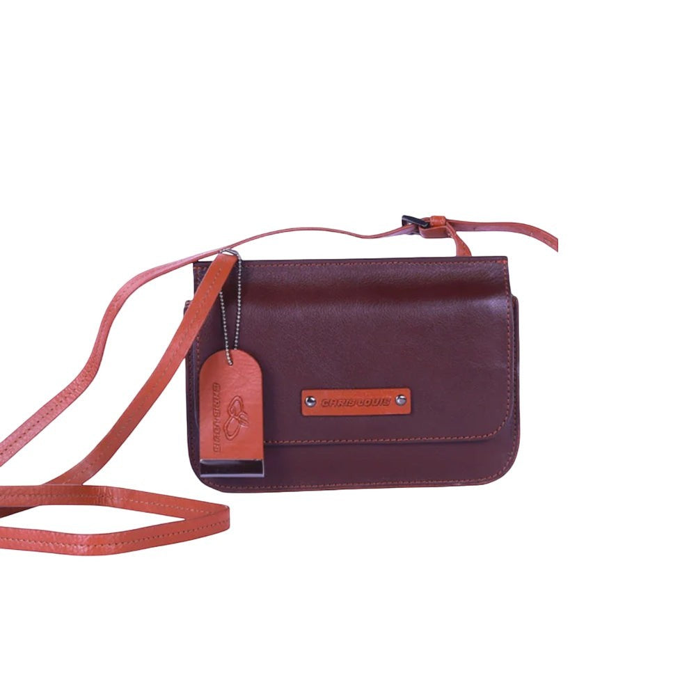 Chris Louis Isfahan Sling Bag in brown and tan genuine leather with adjustable strap and front flap closure.