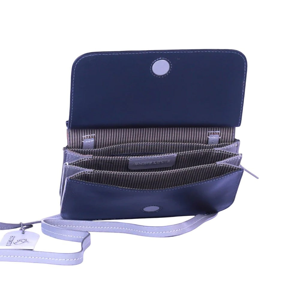 Chris Louis Isfahan Sling Bag in navy blue genuine leather with grey trim, adjustable strap, and multiple compartments.