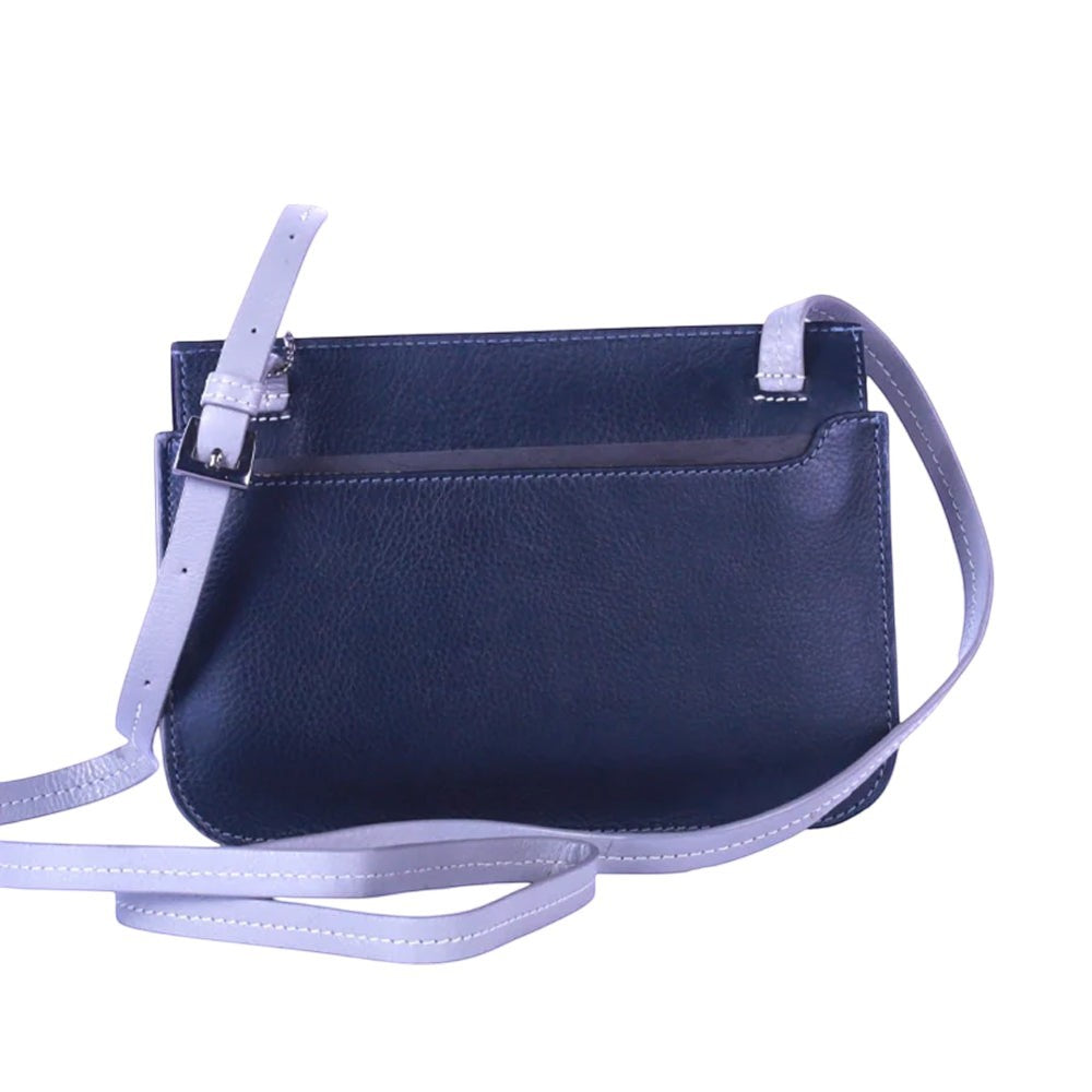Chris Louis Isfahan Sling Bag in navy blue genuine leather with grey adjustable strap and silver hardware.
