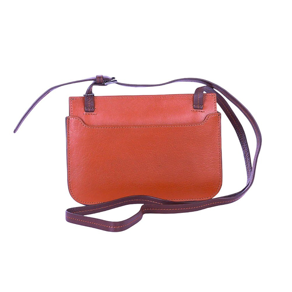 Chris Louis Isfahan Sling Bag in tan/brown genuine leather with adjustable strap and exterior slip pocket.