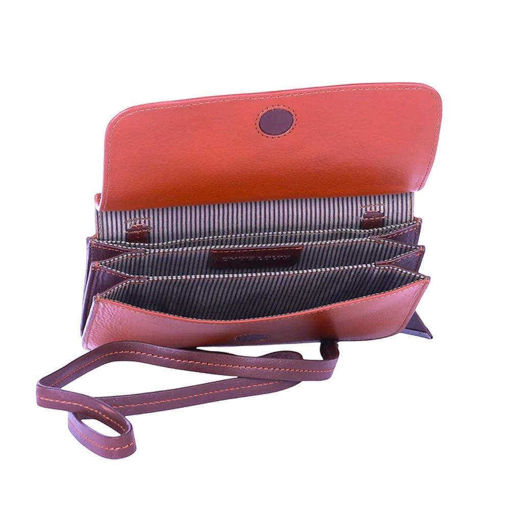 Chris Louis Isfahan Sling Bag in tan/brown genuine leather with multiple compartments and card slots.