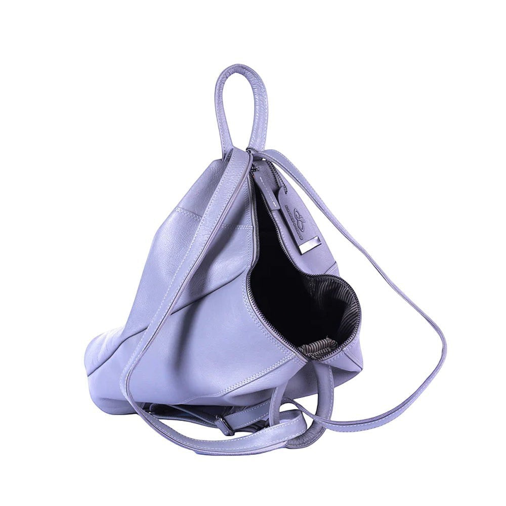 Chris Louis Jarrah grey genuine leather hexagon shoulder bag with adjustable straps and front zipper.
