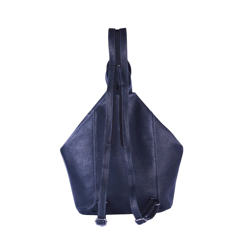 Chris Louis Jarrah black genuine leather hexagon backpack with adjustable straps and zippered pockets.