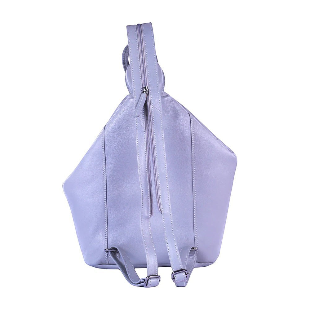 Chris Louis Jarrah grey genuine leather hexagon backpack with adjustable straps and zipper details.