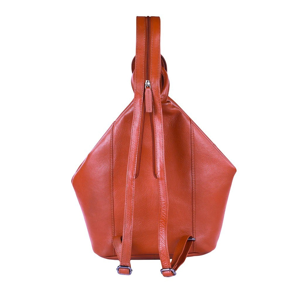 Chris Louis Jarrah tan leather hexagon backpack with adjustable straps and front zipper.
