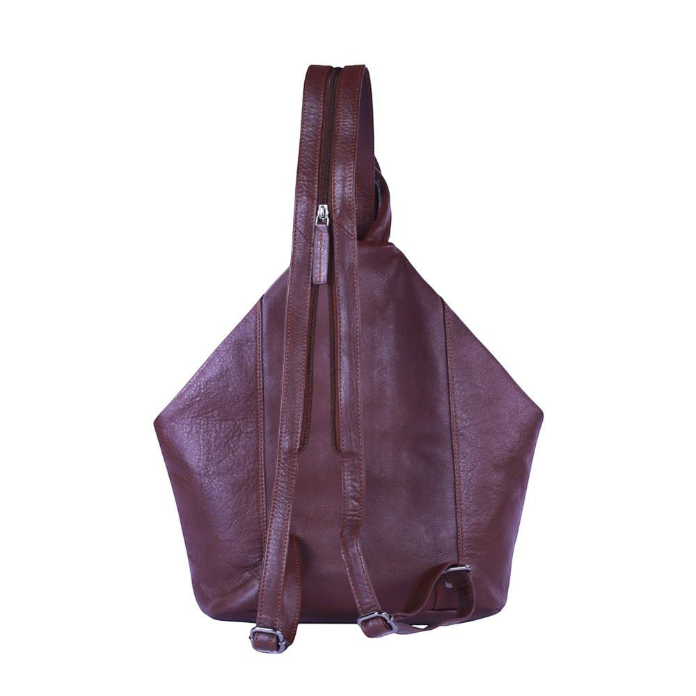 Chris Louis Jarrah brown genuine leather hexagon shoulder bag with adjustable straps and front zipper.