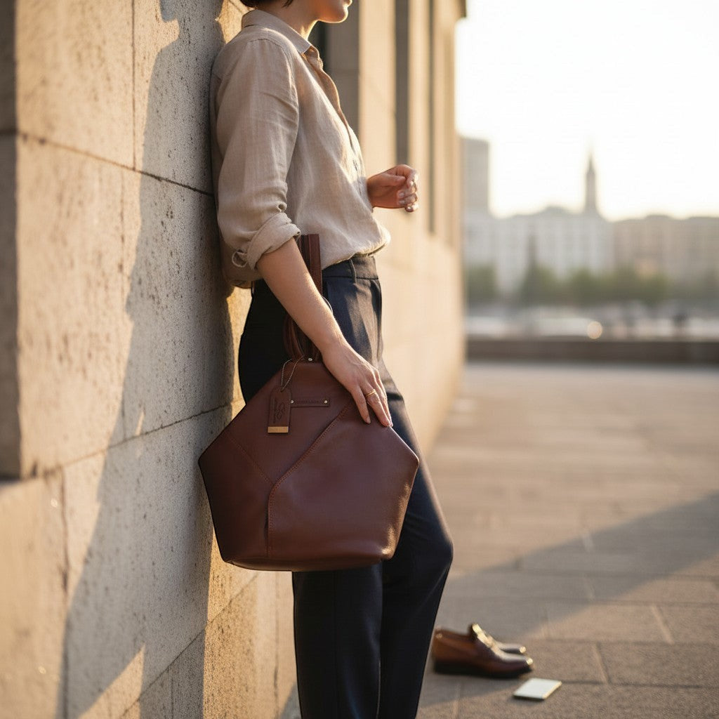 Chris Louis Jarrah shoulder bag in rich brown genuine veg-tan leather with a contemporary hexagon design and adjustable straps.