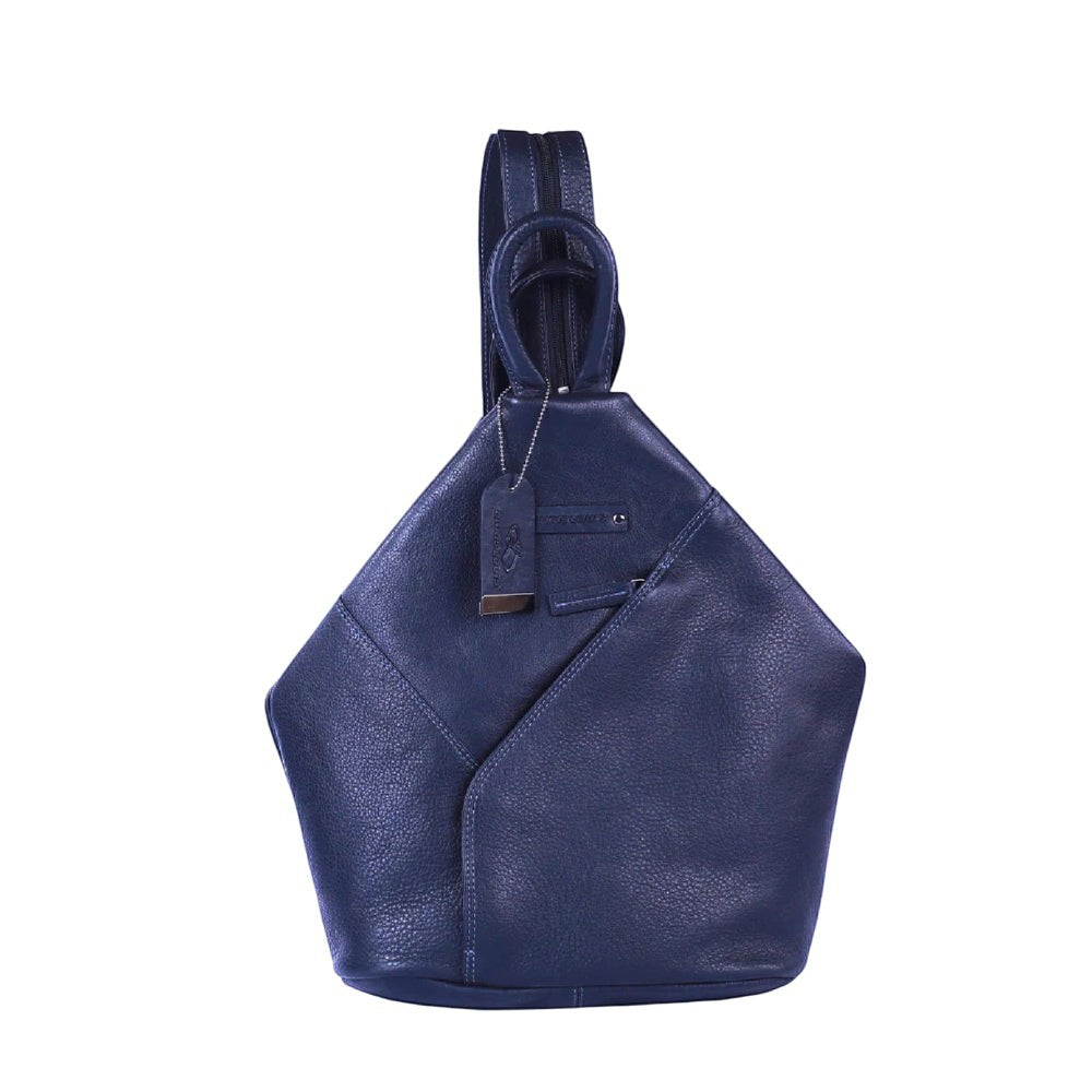 Chris Louis Jarrah navy blue genuine leather hexagon shoulder bag with adjustable straps and front zipper.