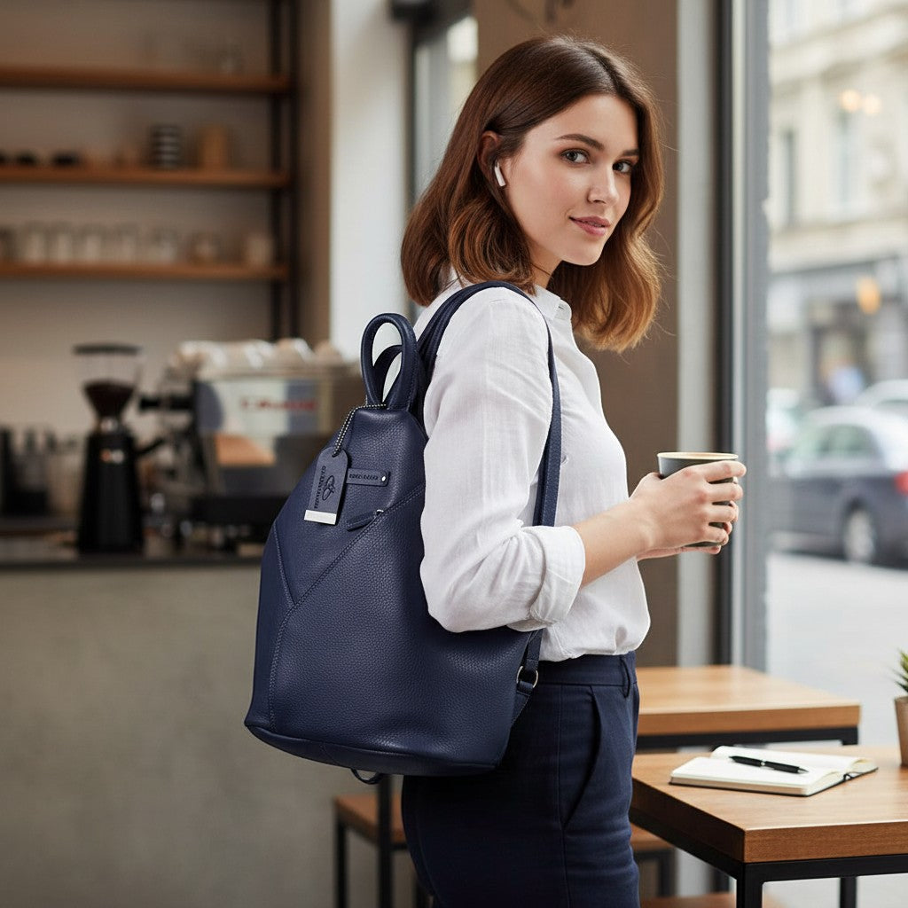 Chris Louis Jarrah navy blue genuine leather shoulder bag with adjustable straps and front zipper pocket.