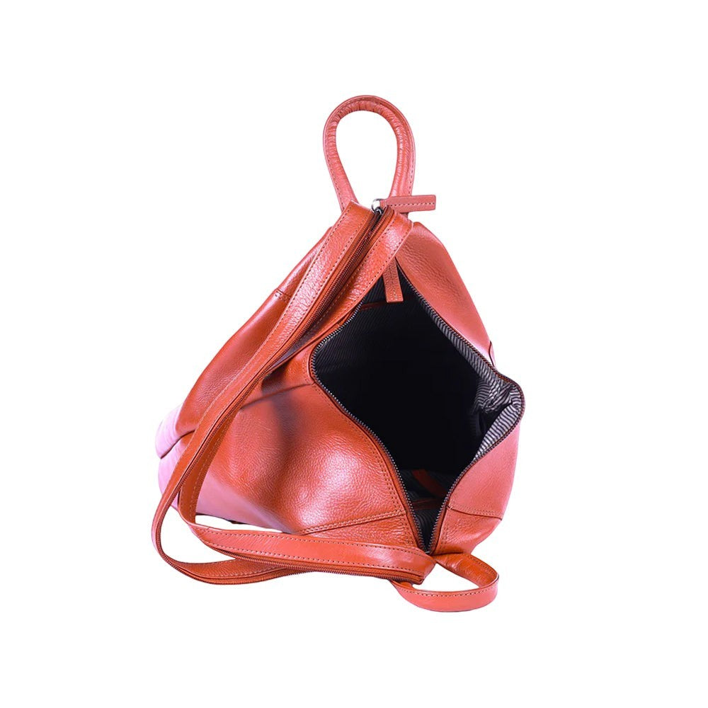 Chris Louis Jarrah tan leather shoulder bag with adjustable straps and front zipper pocket.
