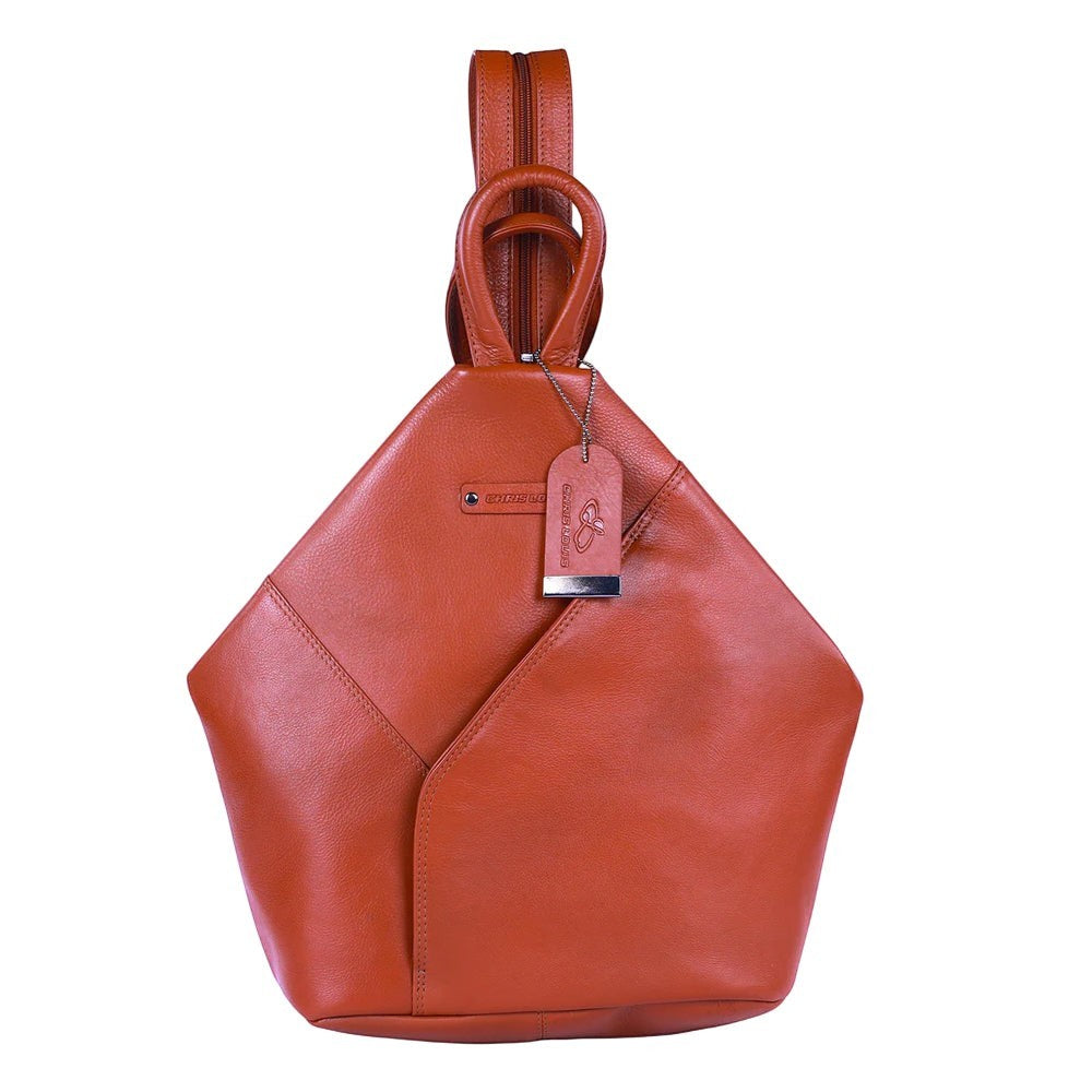 Chris Louis Jarrah tan leather hexagon shoulder bag with adjustable straps and front zipper pocket.