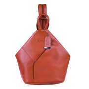 Chris Louis Jarrah tan leather hexagon shoulder bag with adjustable straps and front zipper pocket.