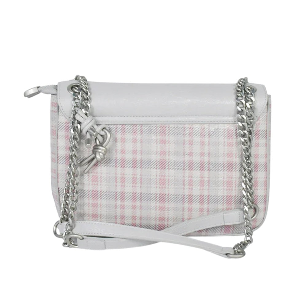 Chris Louis Ketty crossbody bag in white polyurethane with pink and grey plaid pattern, silver chain strap, and dual zip compartments.