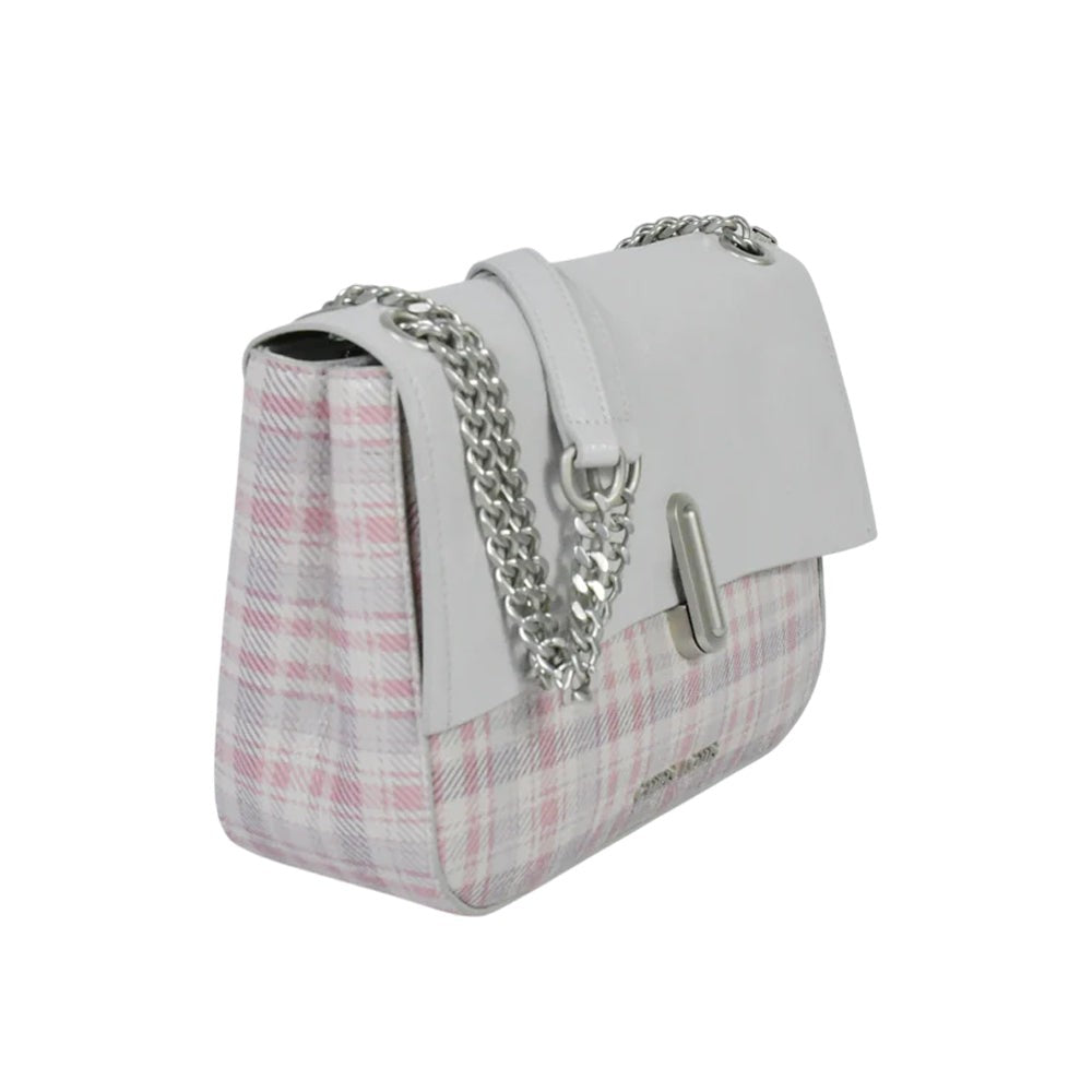 Chris Louis Ketty crossbody bag in white polyurethane with pink and grey plaid fabric, silver chain strap, and dual zip compartments.