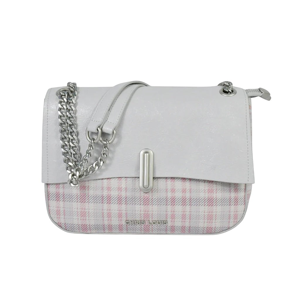 Chris Louis Ketty crossbody bag in white with pink plaid bottom, silver chain strap, and dual zip compartments.