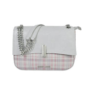 Chris Louis Ketty crossbody bag in white with pink plaid bottom, silver chain strap, and dual zip compartments.