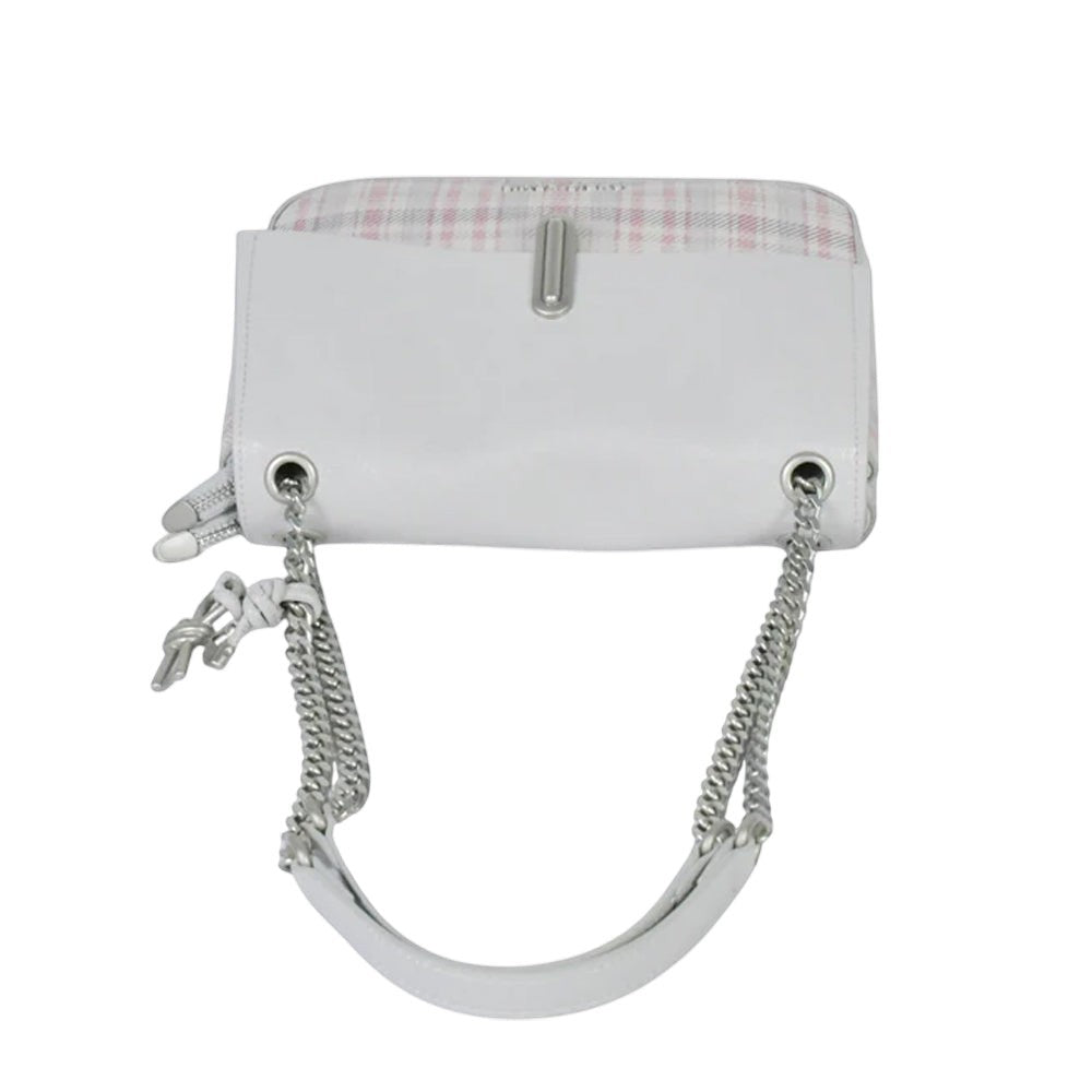 Chris Louis Ketty white polyurethane crossbody bag with silver chain strap and plaid accent.