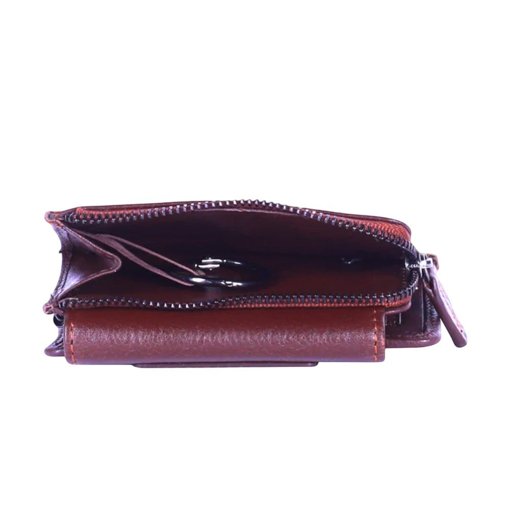 Chris Louis brown genuine leather Kyoto key case with RFID protection, 6 key holder, coin zip pocket, and card slots.